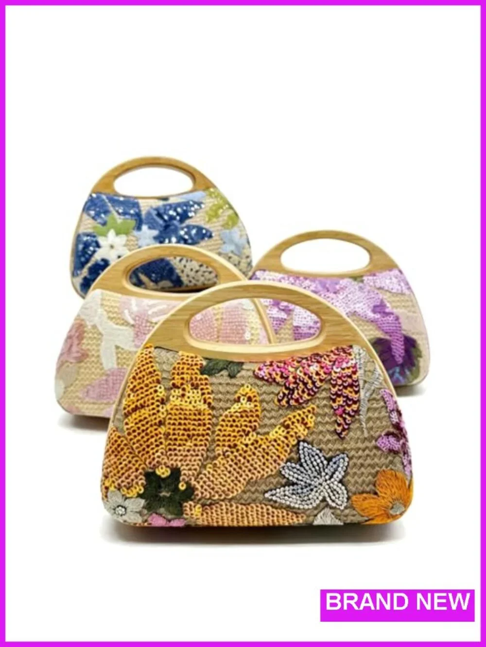 Straw Clutch Handbag Beaded Beach Evening Bag with Floral Pattern